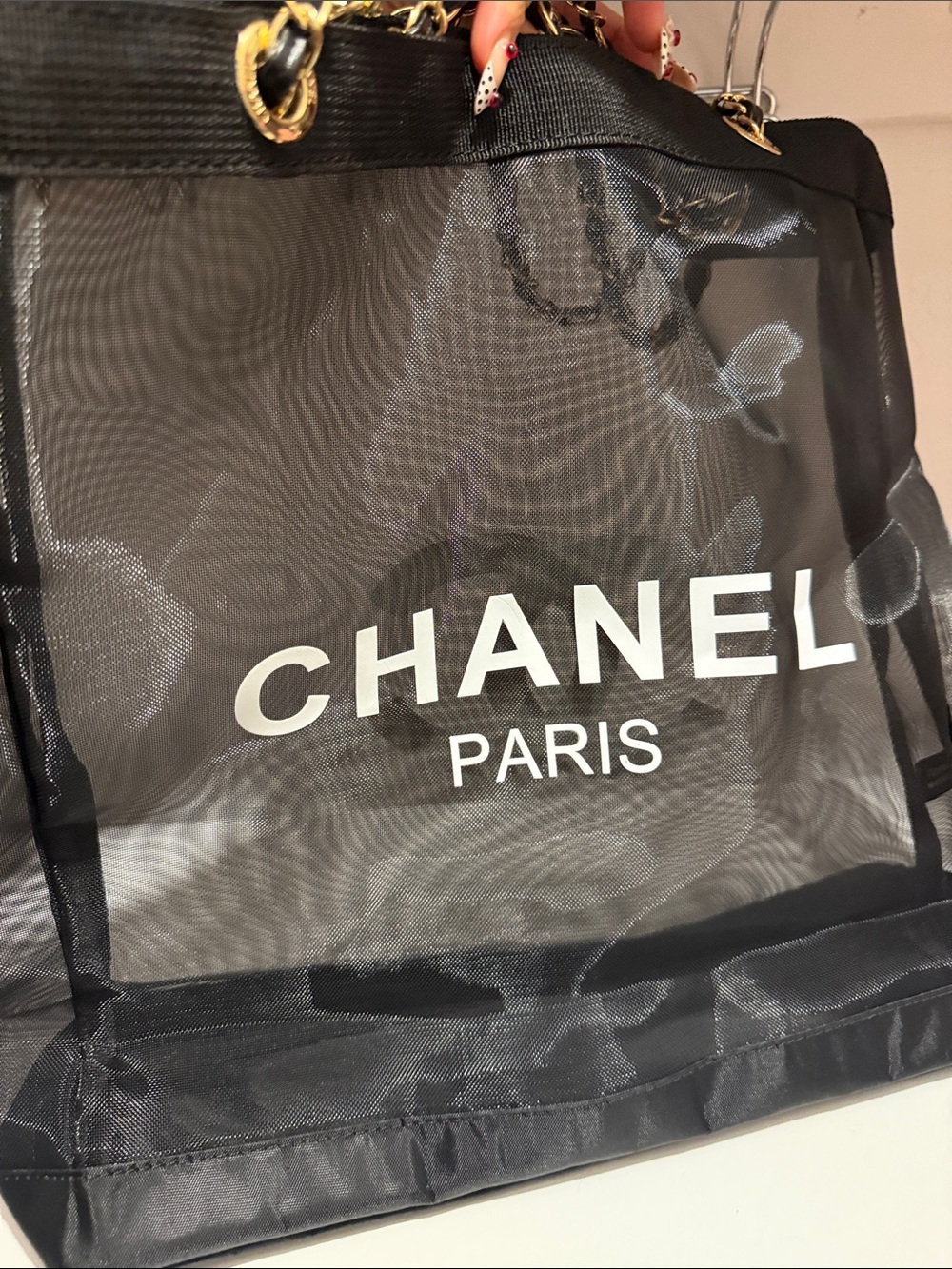 totes Black Mesh Tote with Gold Chain Handles - Picture 2 of 5